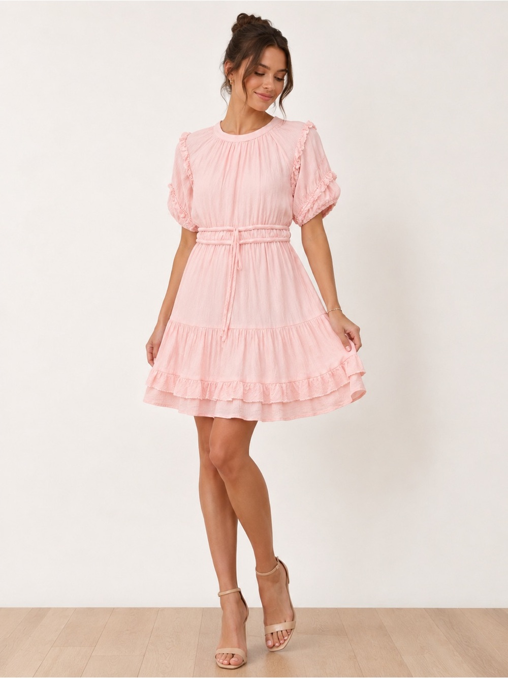 Yakira Bella Pink Ruffle Mini Dress Size L Rayon Boho Cottagecore